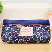 Fashion Kawaii Flower Canvas Pen Bag Floral Double Zipper Pencil Cases for Children Students Korean Stationery Color:Dark blue