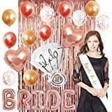 Bachelorette Party Decorations Set | Bridal Shower Pack – Kit –1 Foil Curtain, 5 letters of Bride Balloons, 1 Ring “I Do” Balloon, 2 Big Heart, 4 Gold, 4 Confetti & 4 Rose Gold Balloons | Bonus Sash