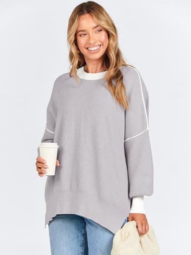 ANRABESS Womens Oversized Sweaters Fall 2025 Fashion Crewneck Batwing Long Sleeve Side Slit Knit Pullover Sweater Tops Beige Grey-L