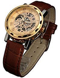 SEWOR Men's Teampunk Trasparent Skeleton Analog Leather Mechanical Wrist Watch for Man