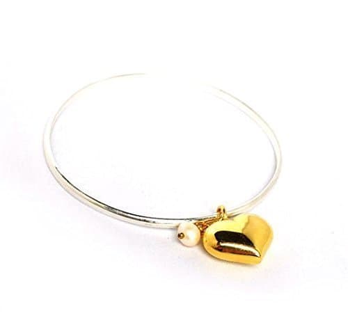Heart Sterling Silver and Gold Charm Bangle Bracelet