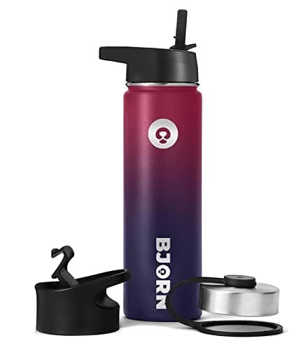 Bjorn Sports Water Bottle - 650ml, 3 Lids, Leak Proof, Vacuum Insulated Stainless Steel, Double Walled, Thermo Mug, Metal Canteen