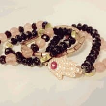 Bliss Pink Jade and Quartz Bracelet Jewelry Set with Pave Crystal Encrusted Hamsa Charm