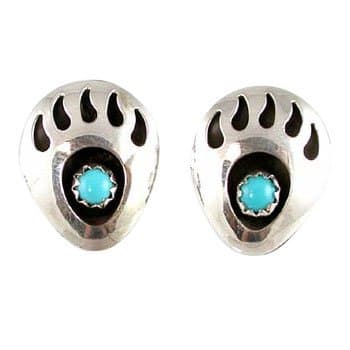 Southwestern Native American Handcrafted Bear Paw Stud Earrings in Sterling Silver and Turquoise, #2399