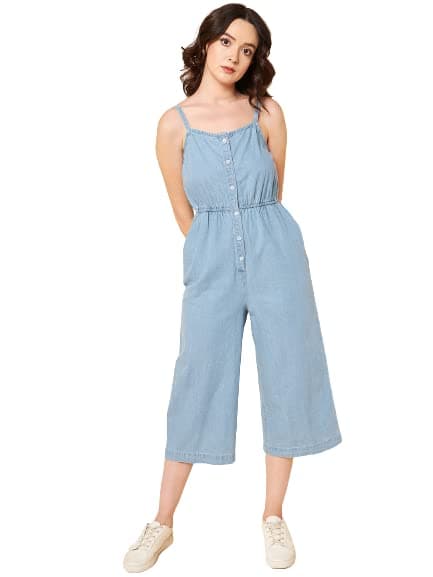 High StarWomen Pure Cotton Strappy Denim Jumpsuit, Light Blue, S
