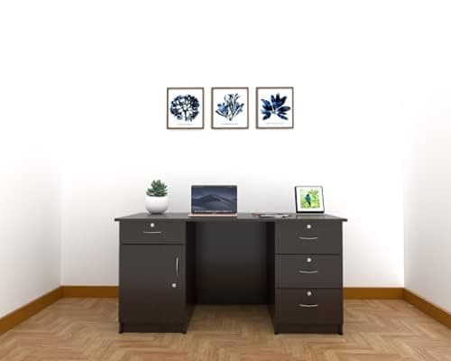 CASPIAN Office/Computer Desk Cum Study Table (Rainforest Dark) | Engineered Wood Pre-Assembled Furniture with 4 Drawers & 1 Storage Cabinet with Key Lock | for Home, Office, Bedroom & Living Room