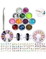 Nail Art Decorations Set:12 Color Nail Glitter Sequin Powder Kit,1PC Gold Silver Chain Nail Studs Accessories,2 Box Nail Rhinestones Pearls,1PC Nail Tweezers Tools, 4PC Nail Stickers Decals (AABB007A)