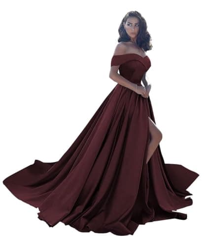 Off Shoulder Satin Prom Dresses Ball Gown Plus Size Formal Dresses for Women Wedding Dress with Slit