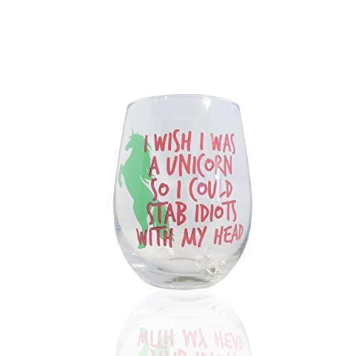 I Wish I was a Unicorn So I Could Stab Idiots With My Head Stemless 21oz Wine Glass Mint and Pink