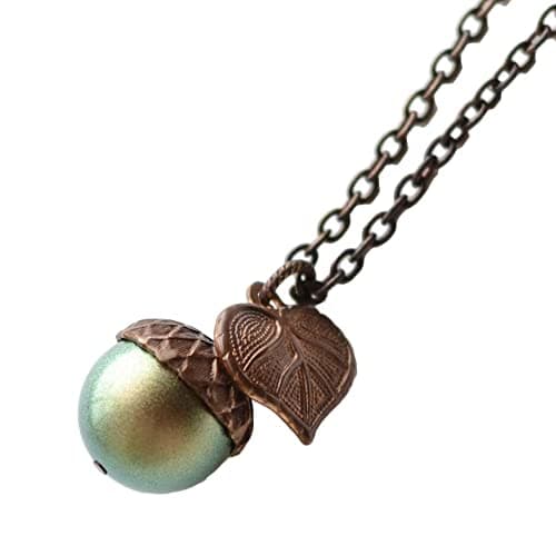 Iridescent Green Simulated Pearl Acorn Necklace, 18 inches