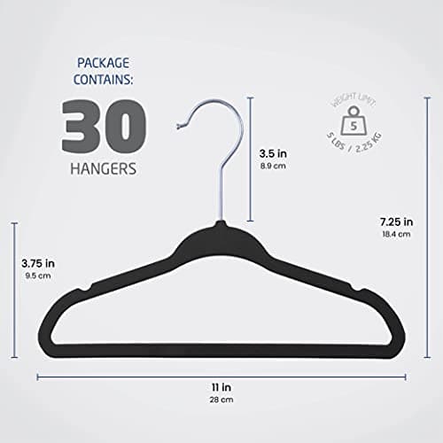 Zober Velvet Baby Hangers for Closet - Pack of 30 Non Slip Toddler Hangers for Shirts, Pants & Dresses w/ Swivel Hook - Durable Infant Hangers w/ Notches - Small Baby Hangers - Black
