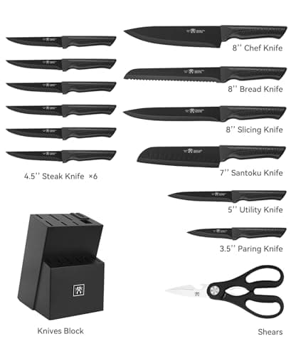 Hundop Knife set with 15 black kitchen knives with self-sharpening block, dishwasher safe, 6 steak knives, non-slip handle