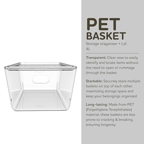 KOLORR Transparent Baskets for Storage with Lid Medium-4Liter | Multipurpose Clear Container | Organiser Plastic Box with Handle for wardrobe clothe Makeup closet Stationary | Pack of 6