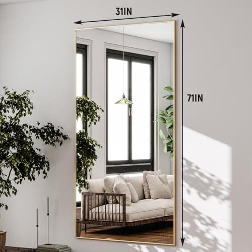 - GLSLAND 71"x31" Full Length Mirror Extra Large Hanging or Leaning Rectangle Mirror Aluminum Alloy Thin Frame Bedroom Floor Dressing,Gold