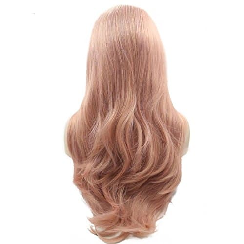 ELESTY Lace Front Wigs Rose Gold Synthetic Lace Front Wig Long Wavy Natural Hairline Heat Resistant Fiber Hair Natural Looking Peach Pink Glueless Lace Wigs For Women
