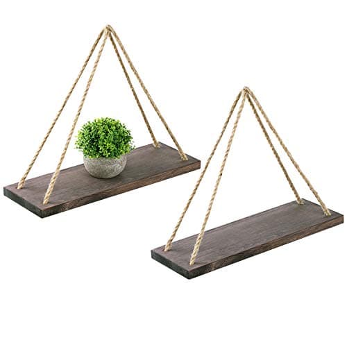 Oyeye Distressed Wood Hanging Swing Rope Floating Shelves with 4 Stainless Steel Hooks, Set of 2, Brown