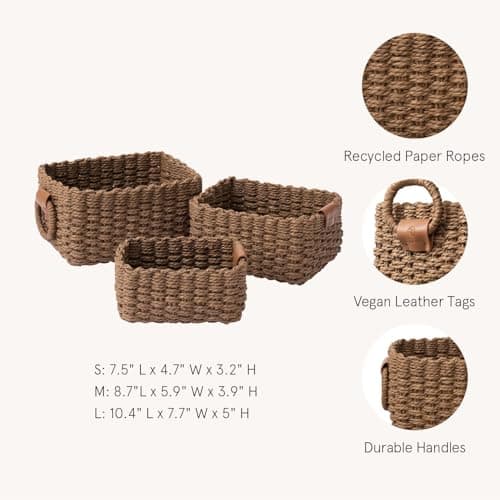 LA JOLIE MUSE Woven Storage Baskets, Recycled Paper Rope Bin Organizer Divider for Cupboards Drawer Closet Shelf Dresser, Set of 3 (Brown)