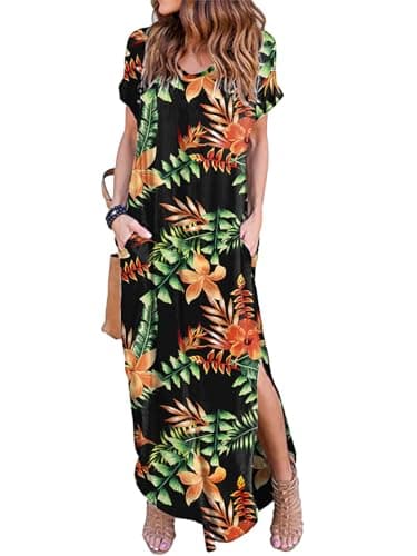 HUSKARY Women's Summer Maxi Dress Casual Loose Pockets Long Dress Short Sleeve Split Maxi Dresses