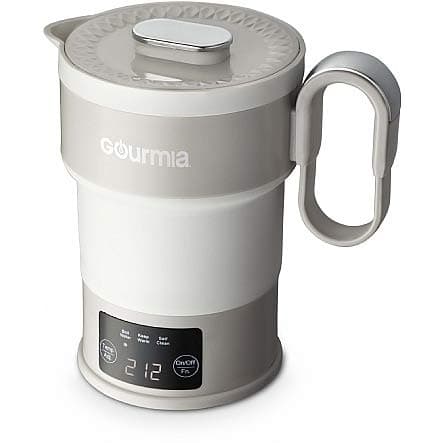 Gourmia GDK368 Digital Electric Collapsible Travel Kettle - Foldable & Portable - Dual Voltage - 3 Function- Boils, Keeps Warm & Self Cleans - Fast Boil - Water Boiler For Coffee, Tea & More - Food Grade Silicone - Boil Dry Protection - 20 oz capacity - Grey