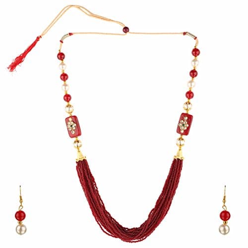 EfulgenzIndian Traditional Simulated Pearl Beaded Multi Stranded Necklace with Dangler Earrings Bollywood Jewelry Sets for Women