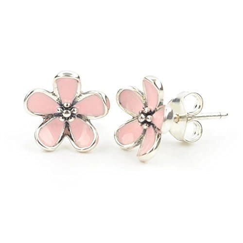 Stone BeadsStonebeads Pink Cherry Blossom Flower Stud Earrings in 925 sterling silver with pink enamel flowers.