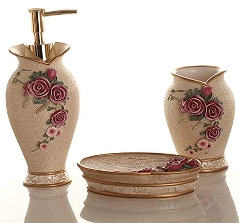 Sharel Beige Rosel Bathroom Accessory Set - 3 peices: Lotion Dispenser, Soap Dish, Toothbrush Holder/Tumbler