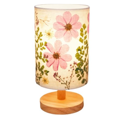 Dried Flower Small Table Lamp, 5W LED 3 Colors Pressed Flowers Linen Lampshade and Wood Base for Bedroom Living Room Desk Nursery