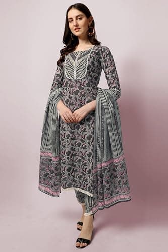 MIRCHI FASHION Plus Size Women Straight Fit Cotton Printed Kurta with Trouser Pant & Dupatta Set