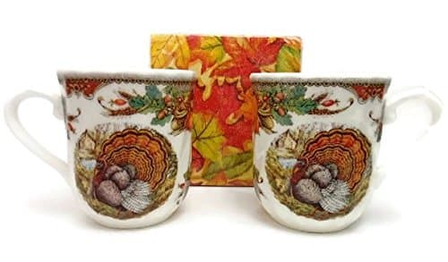 Queen's Thanksgiving Harvest Bounty Mugs Set of Two w/ Fall Napkins