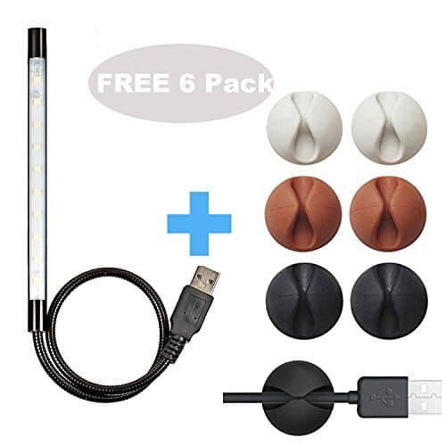 Adywe Black Portable USB Flexible 10 LED Dimmable Reading Lamp Stick Light with 6 pack cable organizers - Best Value. Great for Lighting up Keypads - tablets, laptops.