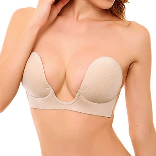 Adhesive Strapless Bra Deep U Plunge Bra Strapless Sticky Push up Silicone Bra for Women Nude Cup D