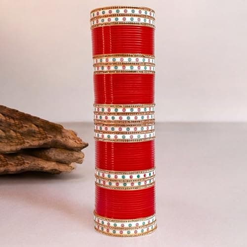 Lucky Jewellery Bridal Bangle Set Dhanteras/Diwali/Bhai Dooj Collection Wedding Punjabi chuda Designer chura Non-Precious Metal CZ Stone Red Color choora Set for Women (792-M1C1-LEENA-R)