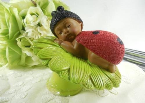 Cake Topper Centerpiece Ethnic Baby Ladybug on Green Flower