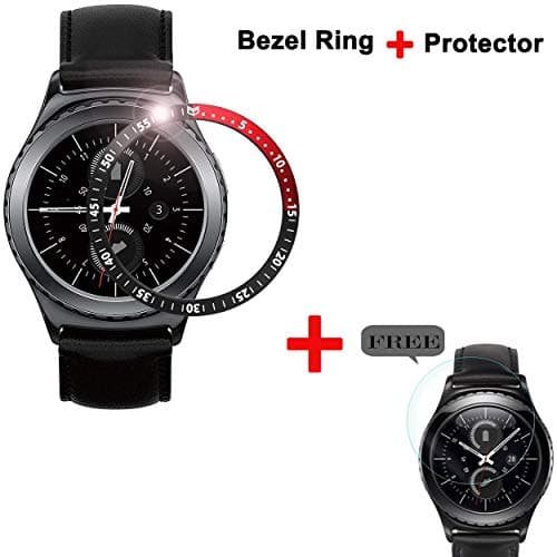 Five Star Online Bezel Cover Compatible with Galaxy Watch 42mm/Gear Sport Aluminum Bezel Loop Anti Scratch Adhesive Cover Protection with Tempered Glass Screen Protector for Galaxy Watch Accessory