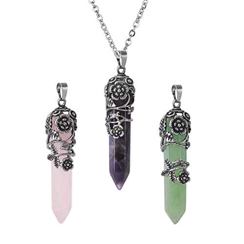 OCARLY Natural Gemstone Point Hexagonal Pendant Flower Pendulum Necklace Healing Crystal Chakra Jewelry