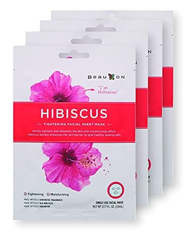 BeauKON Hibiscus Tightening Facial Sheet Mask, Korean Daily Face Mask, Tightening and Moisturizing 4 Count (Pack of 1)