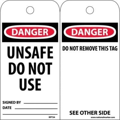 NMCRPT34 Accident Prevention Tag, "DANGER UNSAFE DO NOT USE", 3" Width x 6" Height, Unrippable Vinyl, Black/Red on White (Pack of 25)