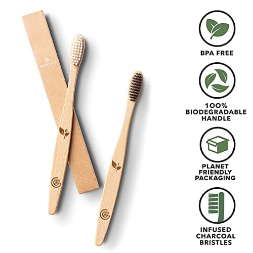 GREENZLA Biodegradable & Compostable Charcoal Wooden Bamboo BPA-Free Soft Bristles Eco-Friendly, Natural Manual Toothbrushes Set for Adult (12 Pack)