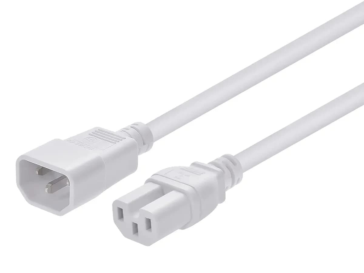 Monoprice Heavy Duty Power Cable - 3 Feet - White | IEC 60320 C14 to IEC 60320 C15, 14AWG, 15A, SJT, 125V, for Computers, TVs, Monitors