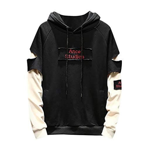 Sharemen Men'S Spring And Autumn Fashion Trends Hip Hop Patchwork Color Pocket Sweater Hoodie Top(Black,L)