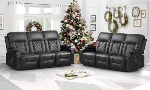 Oversized Recliner Sofa Set with 3+3 Pieces in Living Room, PU Leather Loveseat Couch, Modern Recliner Chair for Living Room, with Cup Holder and 2 Cell Phone Holder, USB Ports, Black
