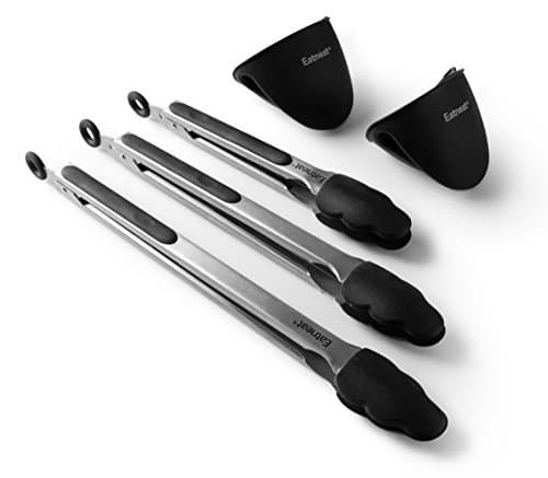 EatNeat Stainless Steel Locking Black Kitchen Tongs: 10", 13" and 15" Silicon Tips for cooking, grilling, and salad, bonus Black Oven Mitts