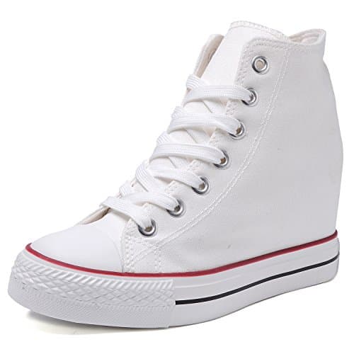 Womens Casual Canvas Shoes Lace Up High Top Hidden Heeled Wedges Platf.