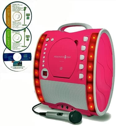 Portable Karaoke Machine & CD Player - Classic 343 PARTY PACK 1 (1 Mic + 3 karaoke CD's) Home Disco Party Light - Girls wired karaoke microphone + 56 Karaoke SONGS (3 CD ' S) CDG + Format (Connect to a TV to display lyrics from CD) - Echo - Auto Voice Control - - AUX IN 3.5mm Jack (Link to iPod / iPhone / iPad / MP3 Player /Mobile Smart Phone / Laptop, Netbook, PC, Computer / etc) – Pink Karaoke Machine by The Singing Machine (3 CDs - Party Pack 1 (1 Mic), Pink)