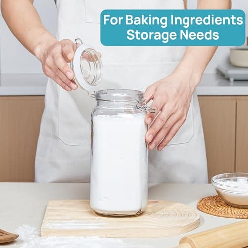 Vtopmart 78oz Glass Food Storage Jars with Airtight Clamp Lids, 3 Pack Large Kitchen Canisters for Flour, Cereal, Coffee, Pasta and Canning, Square Mason Jar with 8 Chalkboard Labels