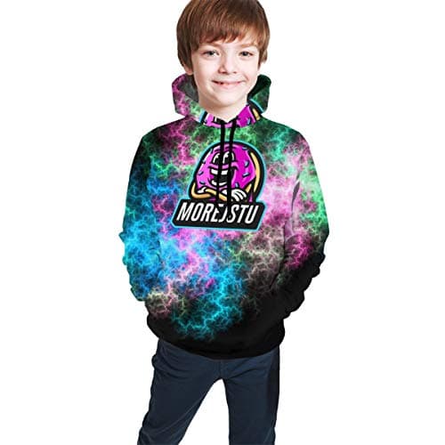 FactoryQuality Children's MoreJStu Fashion Print Sweatshirt Boys and Girls 3D Print Pocket Pullover with Hats L(14-16)