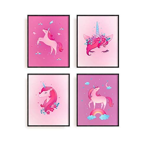 RipGripUnicorn Posters Set of 4 By The Carefree Bee | Bedroom Décor Room Decorations for Girls/Kids Nursery Decor Girls (Unframed, 8x10)