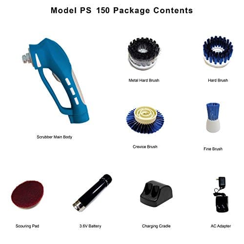 Metapo Power Scrubber PS150 with 2100mAH Super High Capacity Battery, 4 Brushes and 1 Scouring Pad. Great for Bathroom, Shower, Kitchen and BBQ Grill Cleaning