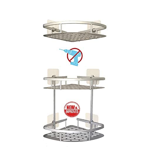 NeaTi Shower corner shelf caddy 3 tier in aluminum (RUSTPROOF) with no drilling (super strong adhesives). Bathroom wall mount corner rack basket. New IMPROVED version.