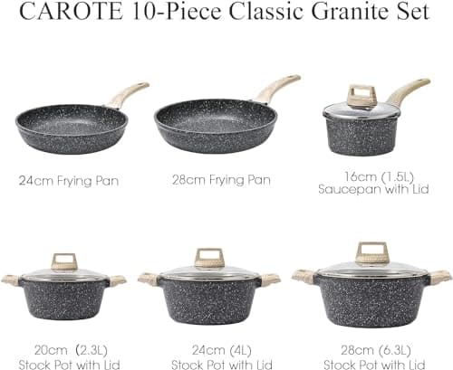 Carote Nonstick Granite Cookware Sets 8 Pcs Stone Cookware Set,non stick frying pan set, pots and pans set (Granite, induction cookware)